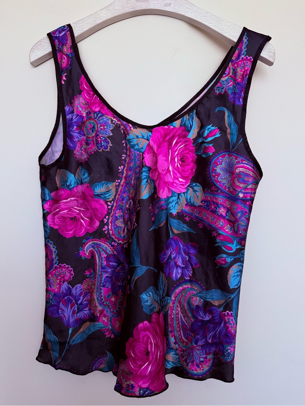 Vintage Rose Floral Jewel-toned Dark Romance Black Fuscia Purple Satin Tank M